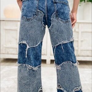 Stylish Blue Wavy Patchwork Wide Leg Jeans - Denim